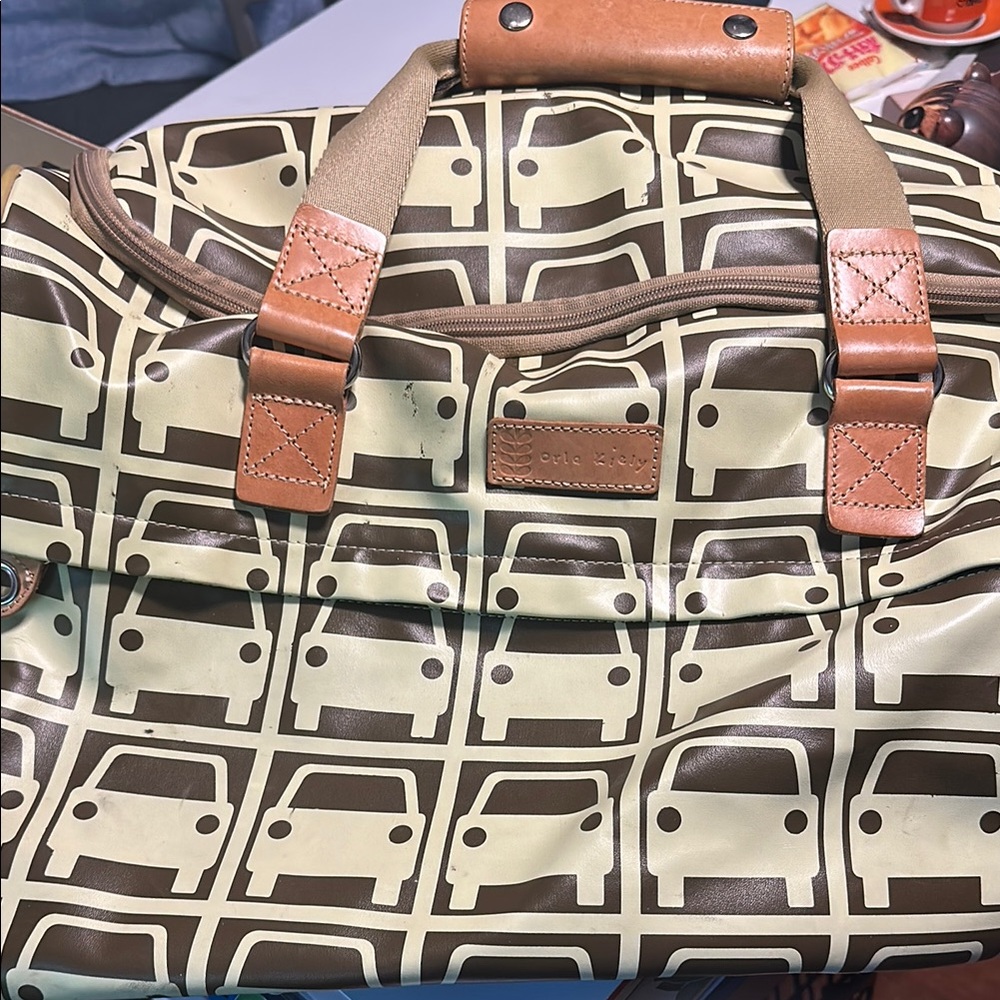 Orla Kiely Brown and Cream Duffel Bag with car pattern, rare.